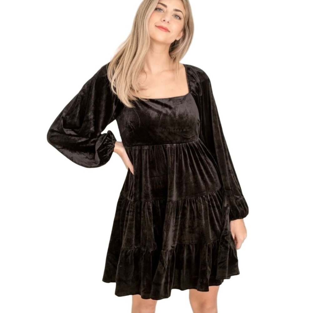 Lucy Paris Melissa Black Velvet Tiered Babydoll Dress